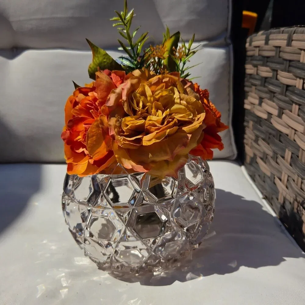 Vintage Heavy Geometric Glass Ball Vase Rose Bowl Hexagon Design 6